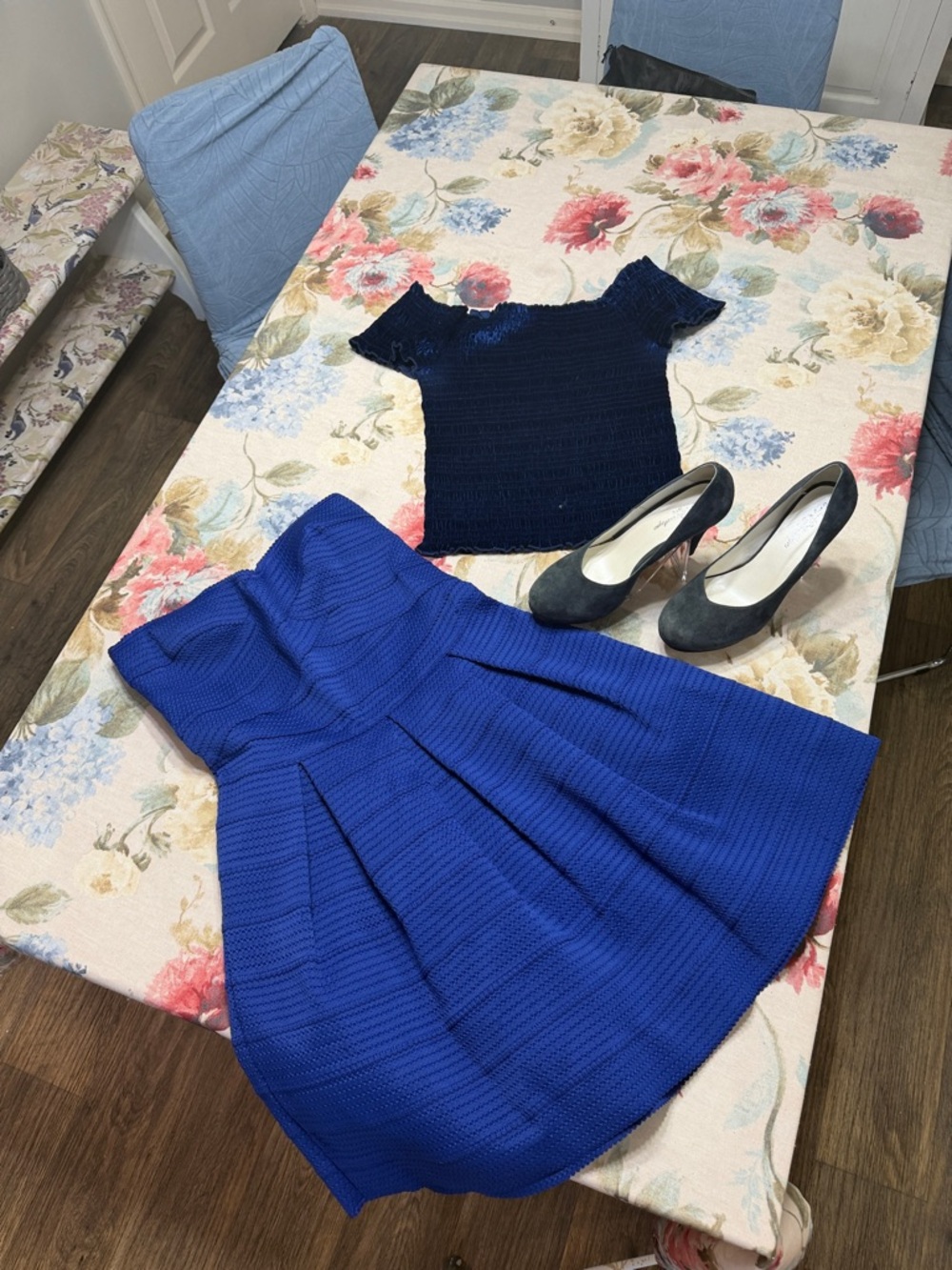 Knit Strapless Dress and Almost Famous Navy ruched top with blue suede shoes